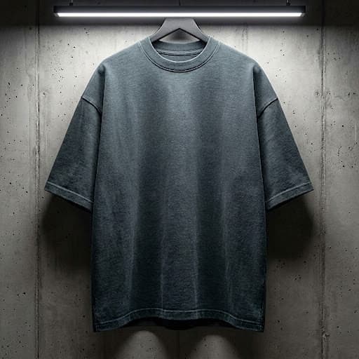 Slate Heavy Tee สีเทาสเลท แขวนบนราวในสตูดิโอผนังปูน