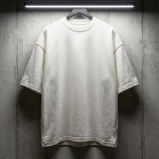 Optical White Tee สีขาวออฟไวต์ แขวนบนราวในสตูดิโอผนังปูน