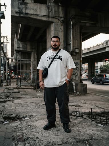 นายแบบพลัสไซซ์ใส่เสื้อยืด oversize เดินบนถนนในเมือง ถ่ายเต็มตัว